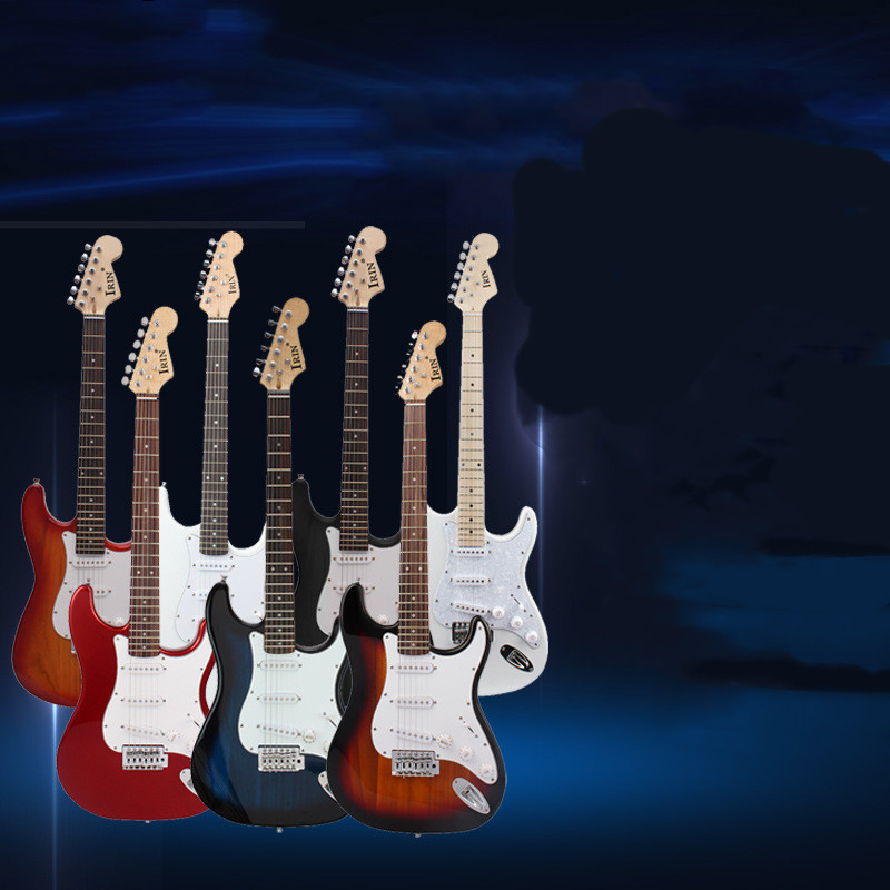 Set of six electric guitars in different colors on a dark blue gradient background