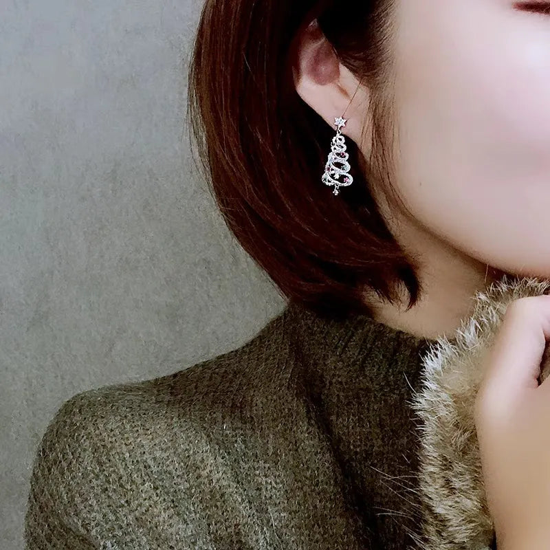 Elegant Festive Sparkle: Rhinestone-Encrusted Christmas Tree Drop Earrings
